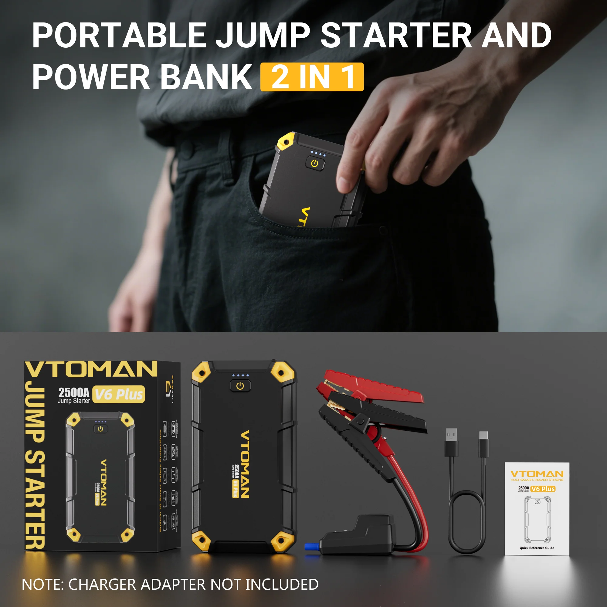 VTOMAN V6 PLUS 2500A Car Jump Starter,Portable Battery Jumper for 12V Vehicles(6.0L Gas/4.0L Diesel),10000mAh Power Bank Fast Charging & Jumper Cables,V6 Plus - Image 2