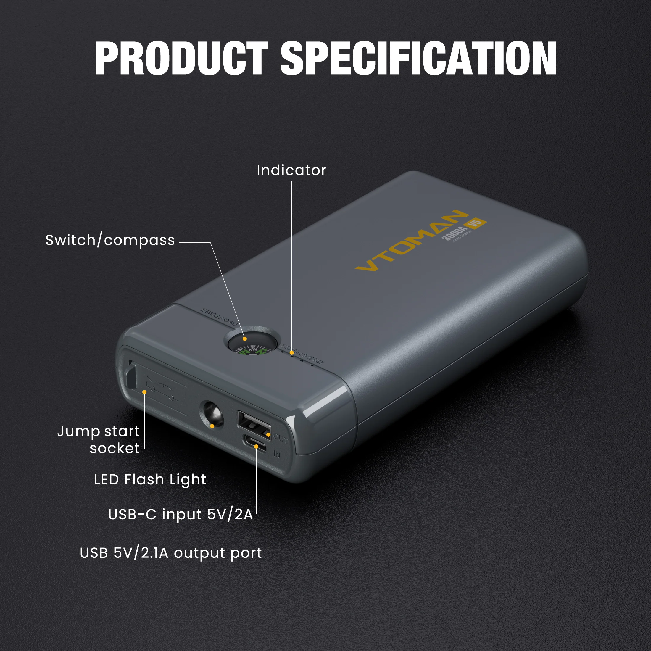 VTOMAN V5 Jump Starter - 3000A Car Battery Jumper Starter for 12V Vehicles (up to 8.5L Gas & 6L Diesel Engines), Jump Box, Lithium Booster Pack, Portable Charger with Jumper Cables, LED Light - Image 3