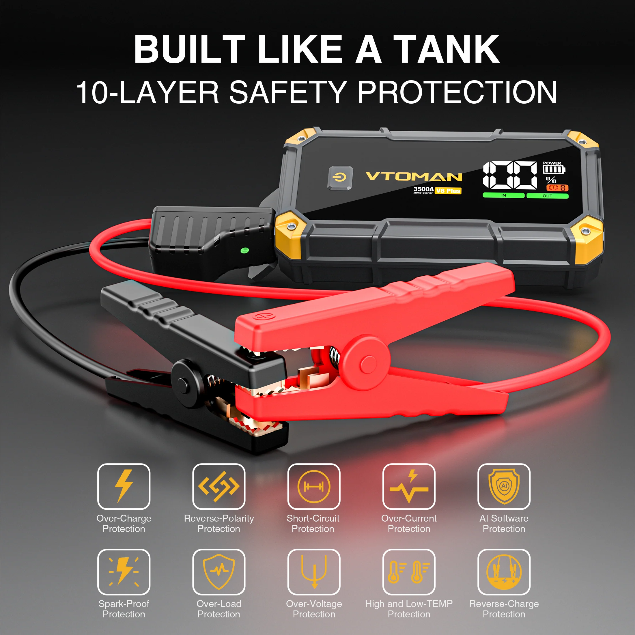 VTOMAN V8 Plus Car Jump Starter,3500A Peak 12V Lithium Battery Booster Pack(9.0L Gas & 8.5L Diesel),Portable Jump Box,Power Bank (44.4Wh) with Jumper Cables - Image 3