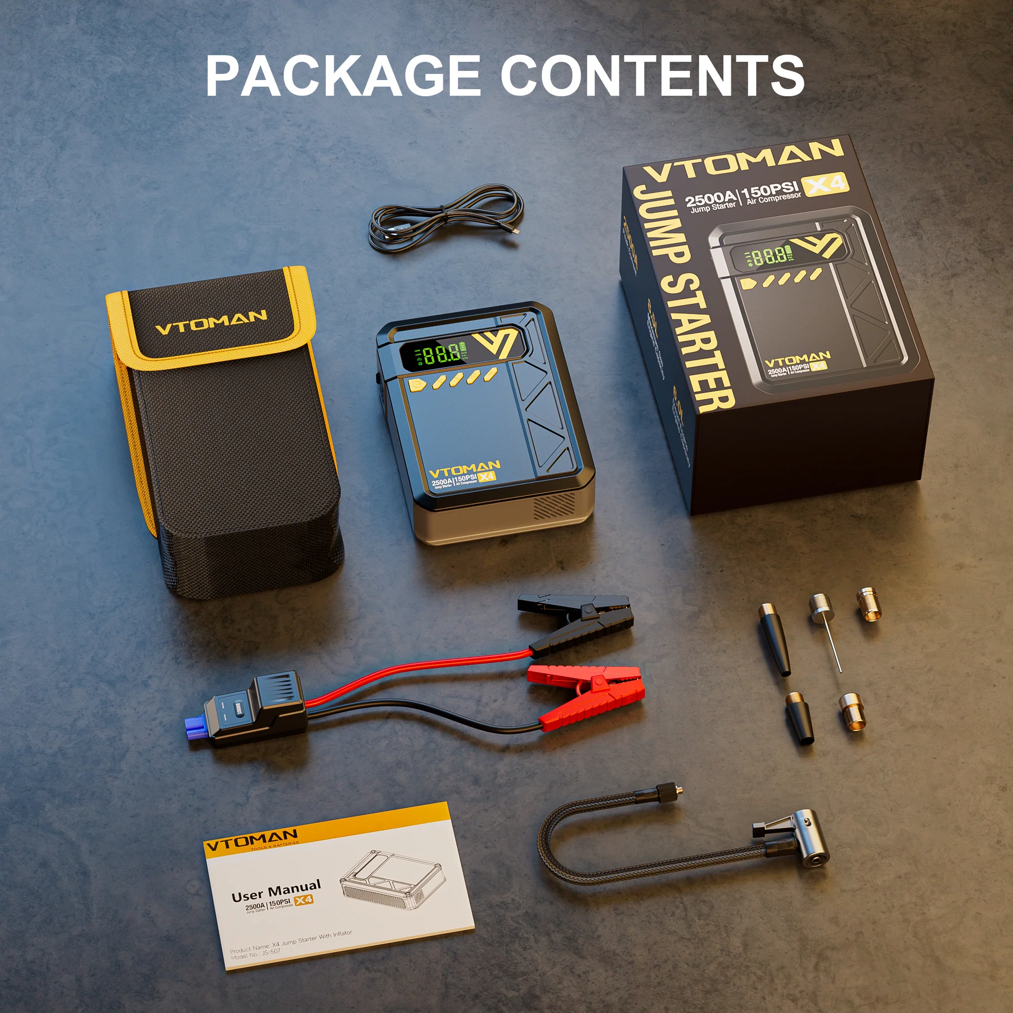 VTOMAN X4 Jump Starter with Air Compressor, 2500A Portable Car Battery Jump Starter (8.5 Gas/6.0L Diesel), 150PSI Auto-Shutoff Tire Inflator, 12V Lithium Jump Box Power Bank with Large LED Display - Image 7